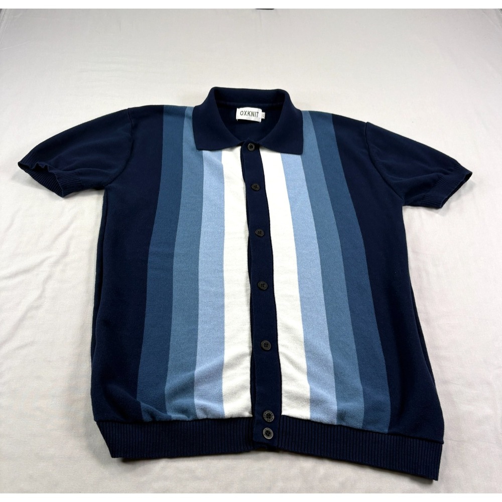 Oxknit Sweater Mens Large Blue Cardigan Short Sleeve Stretch Tennis Preppy Slim